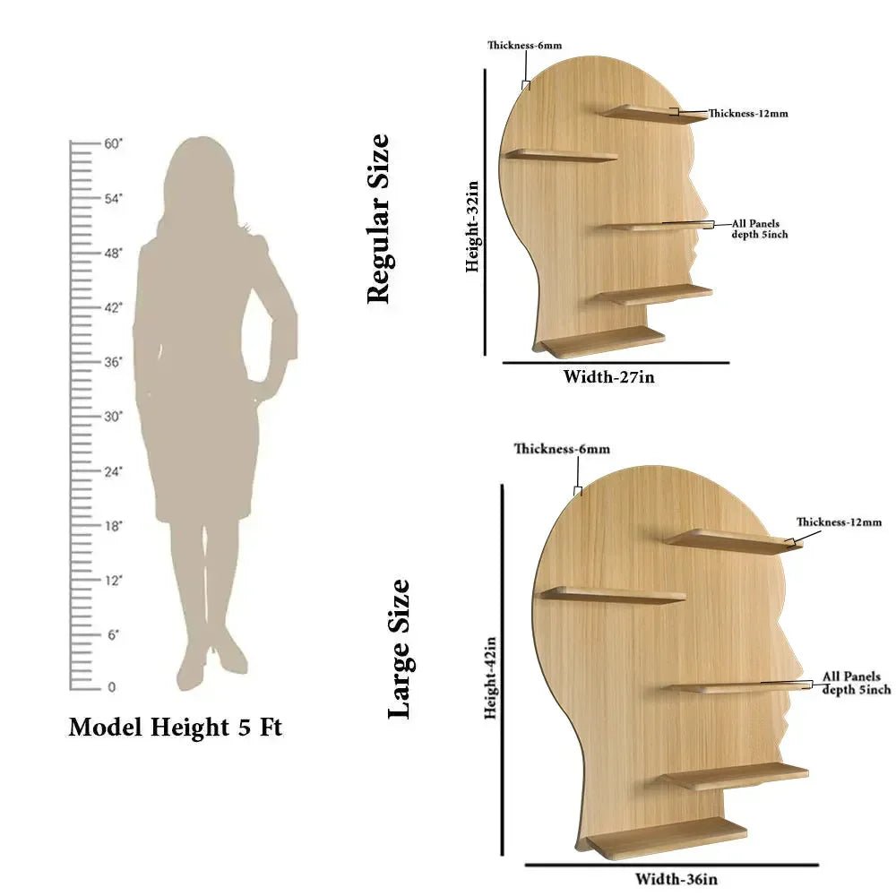 Man Face Backlit Wooden Wall Shelf / Book Shelves / Night Light, Light Oak Finish - All India Decor