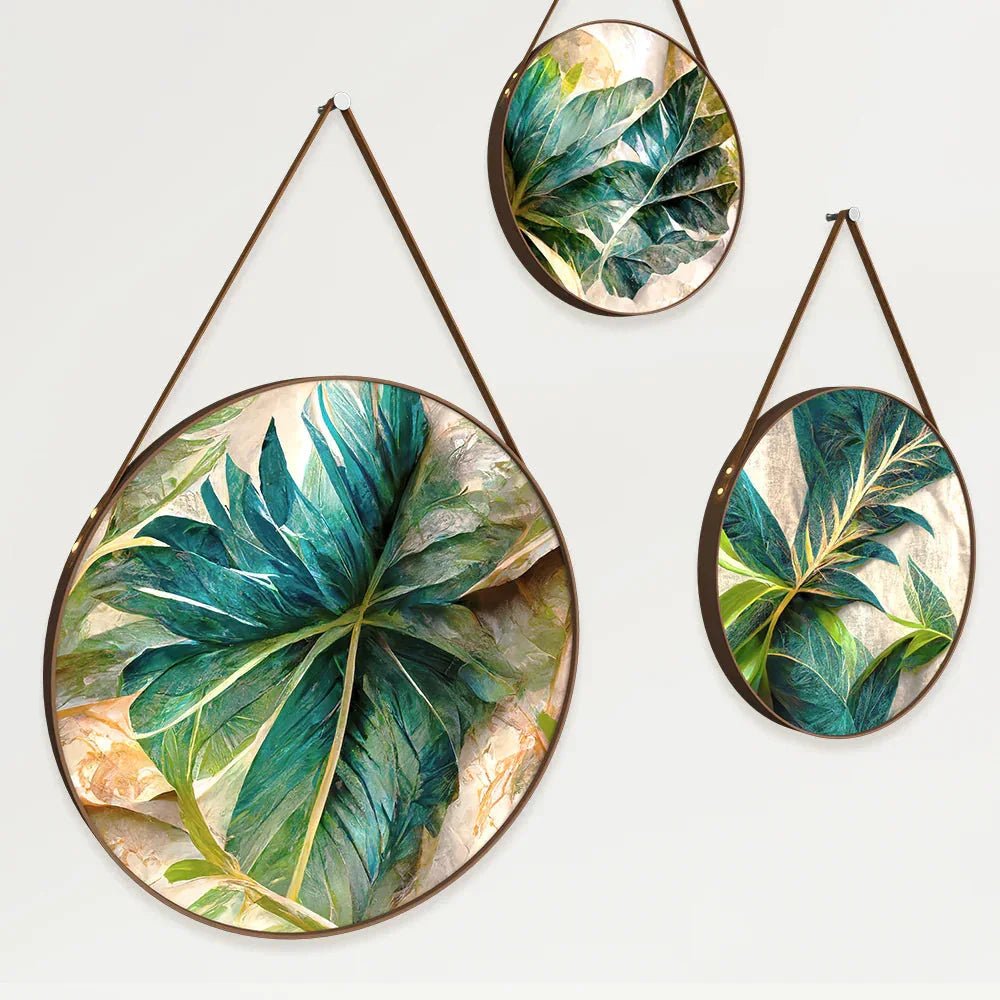 Tropical Leaves Round Framed Wall Art Set of 3 - All India Decor