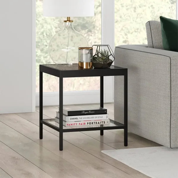 SIDE TABLE WITH GLASS IN BLACK COLOR