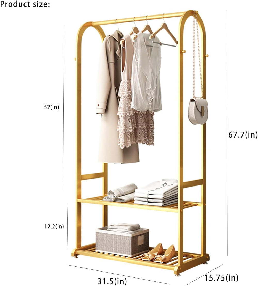 Gold clothing rack with shelves holding clothes and shoes, measurements indicated.