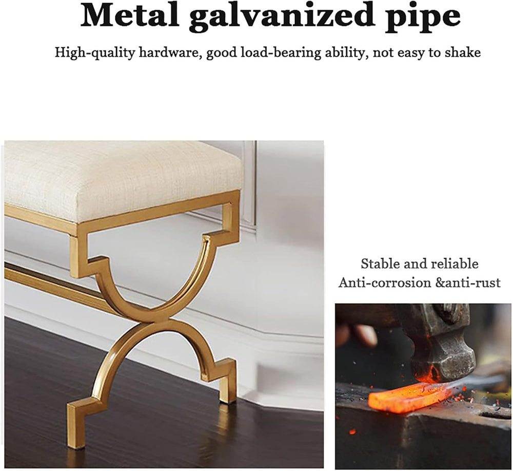 Gold metal bench with galvanized pipe frame on a white background