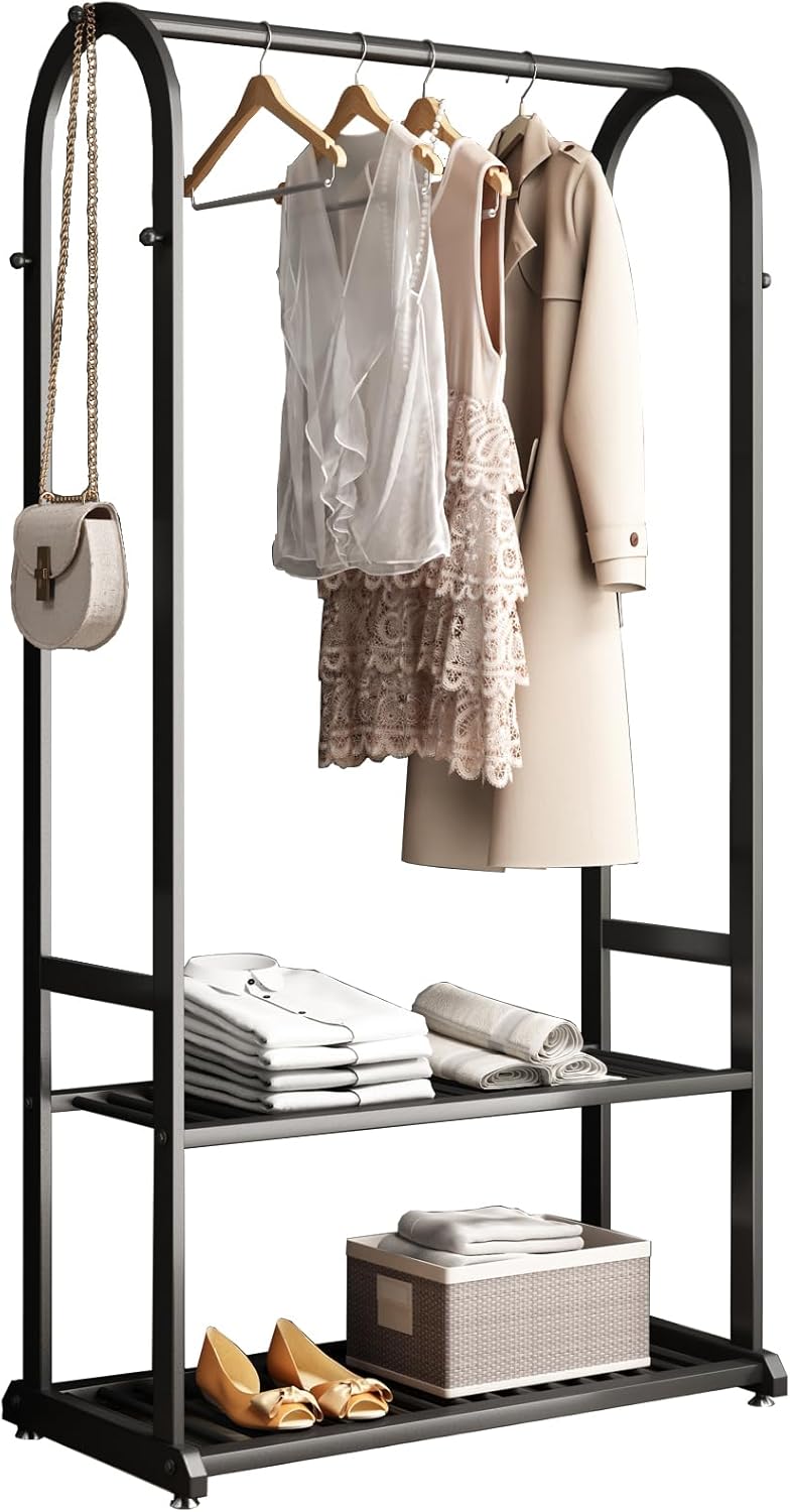 Clothing rack with clothes, shoes, and bags on a white background