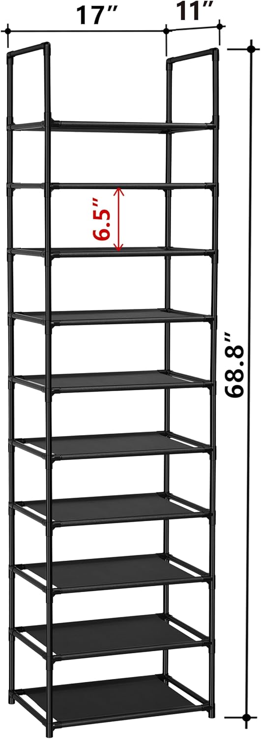 Black metal bookshelf with dimensions on a white background