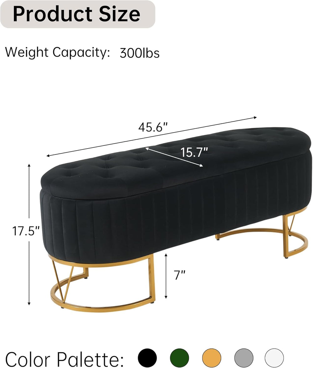 Black upholstered bench with gold legs and measurements on a white background
