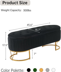 Black upholstered bench with gold legs and measurements on a white background