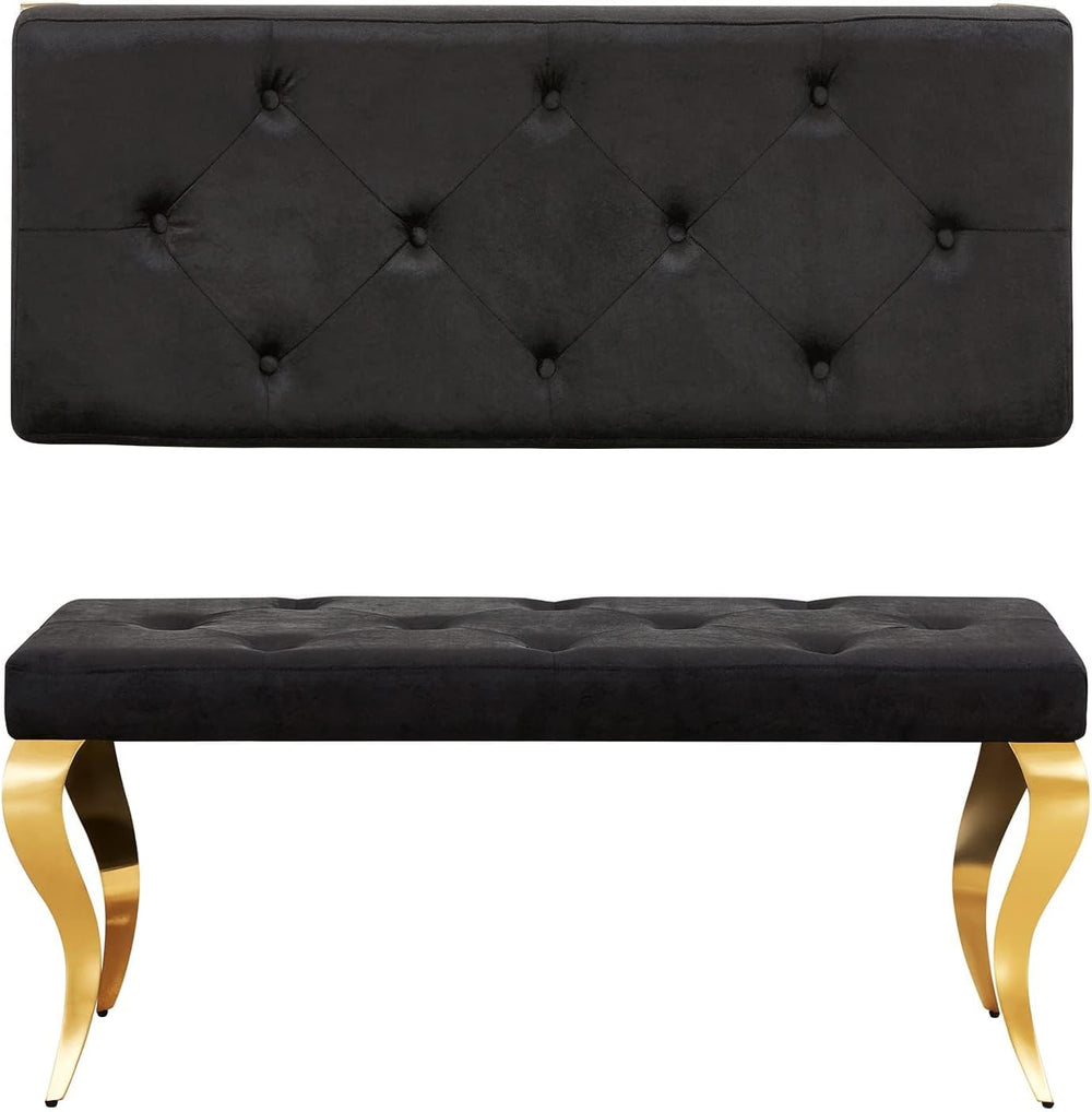 Black tufted bench with gold legs on a white background