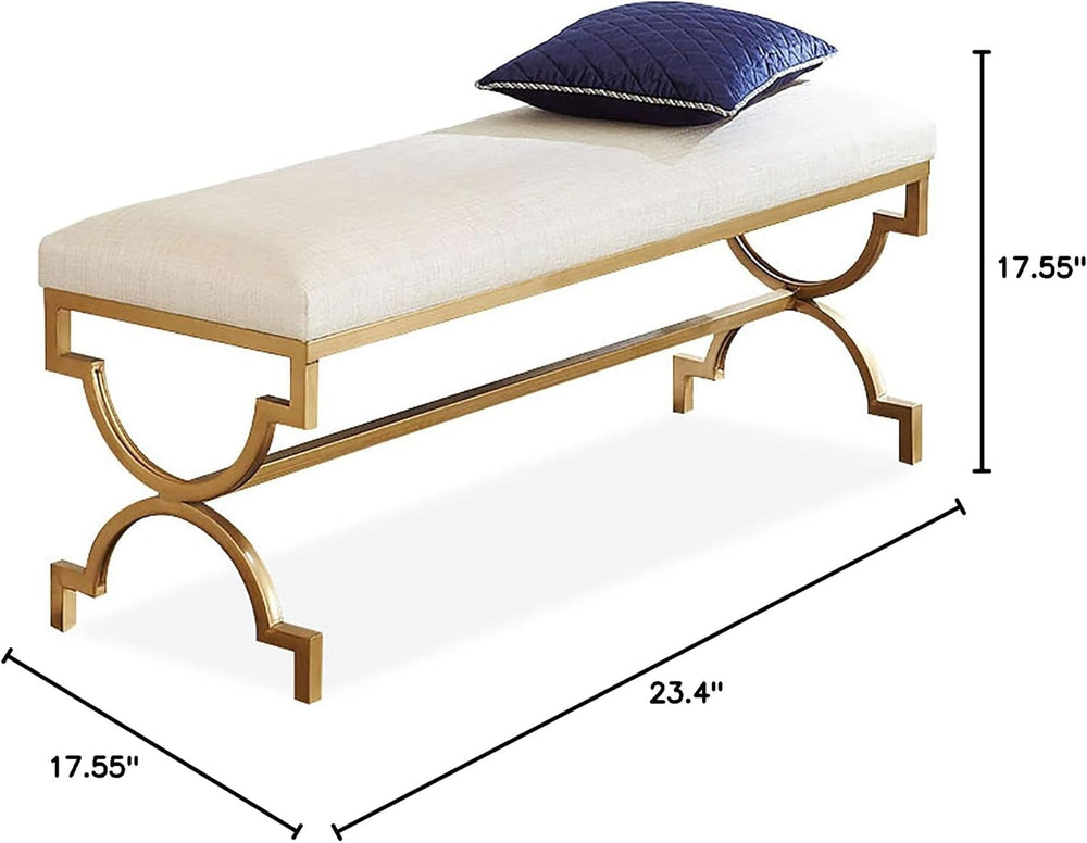 Gold bench with white cushion and blue pillow, shown with dimensions on a white background