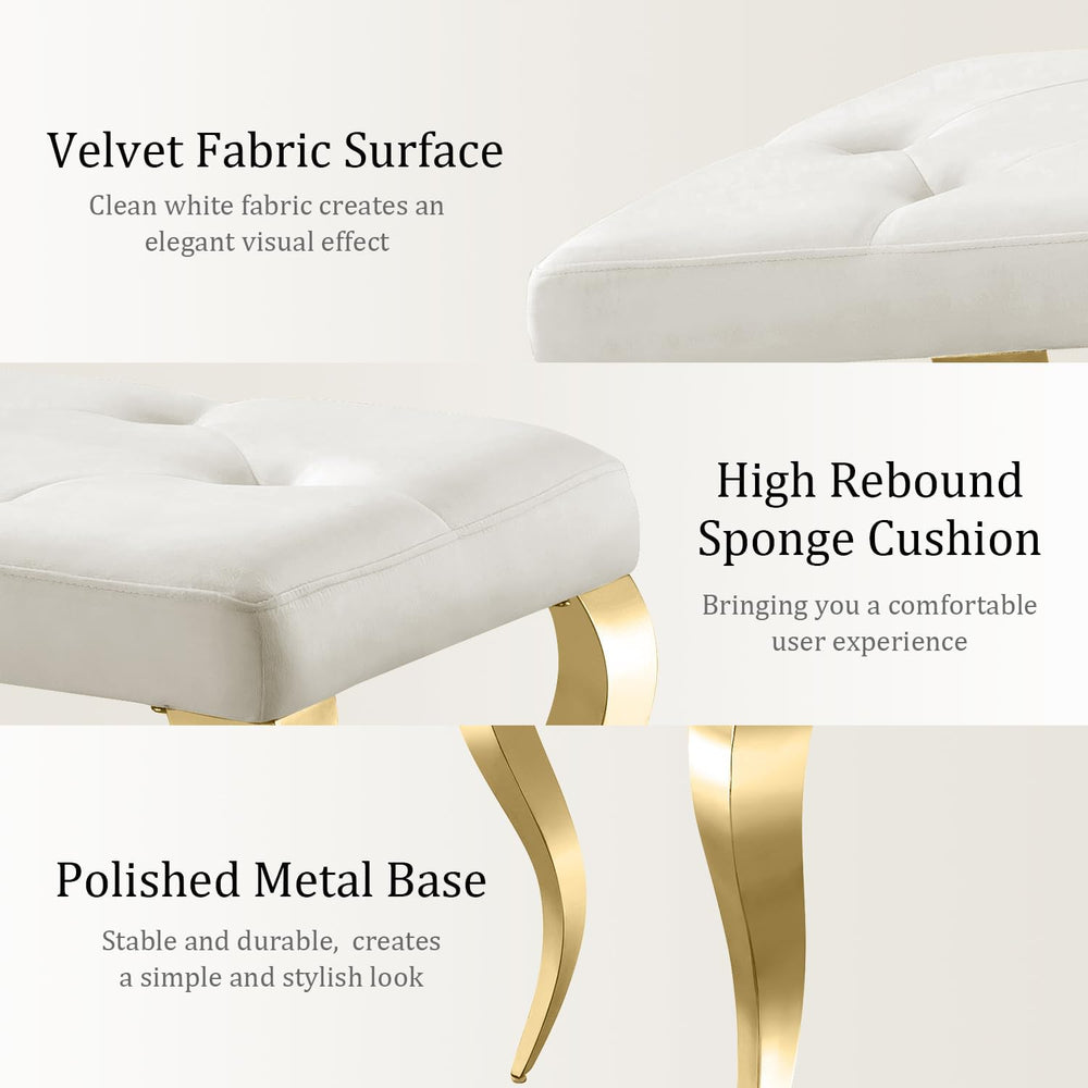 White stool with gold legs on a white background, highlighting velvet fabric, sponge cushion, and metal base.
