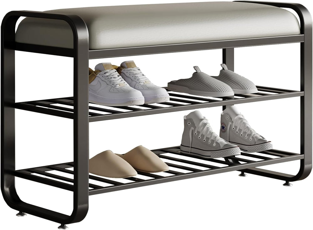 Shoe rack with multiple pairs of shoes on a white background