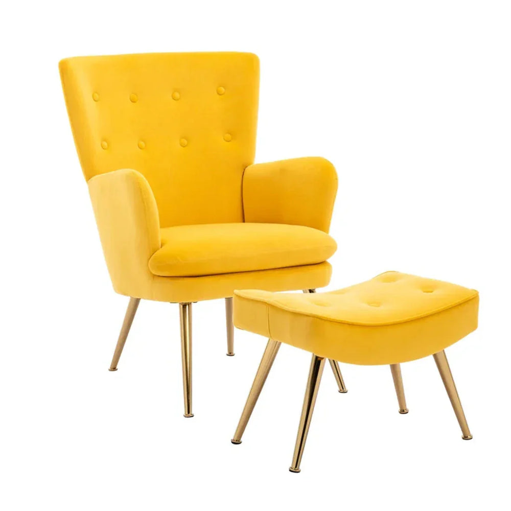 Tufted Long Back Yellow Lounge Chair With Ottoman - All India Decor