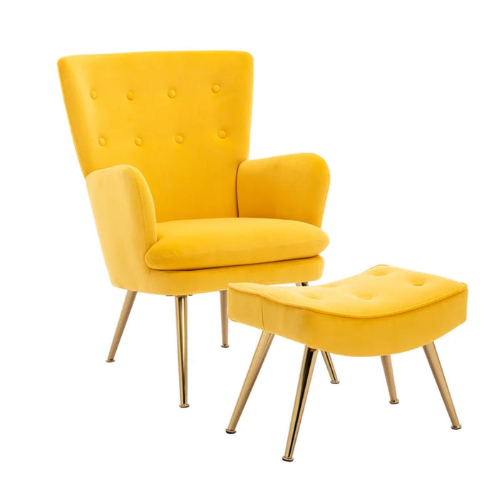 Tufted Long Back Yellow Lounge Chair With Ottoman