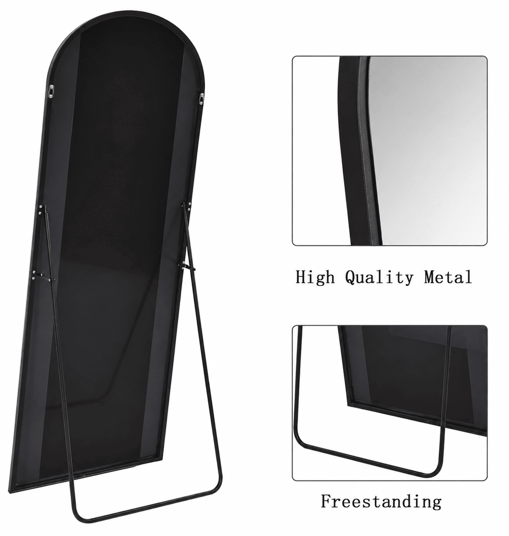 Black freestanding full-length mirror with an arched top and metal frame, shown on a white background with two inset detail images labeled 'High Quality Metal' and 'Freestanding'.