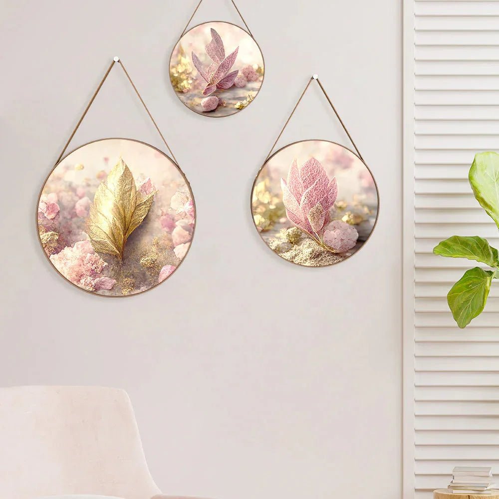 Blush Pink Leaves Round Framed Wall Art Set of 3 - All India Decor