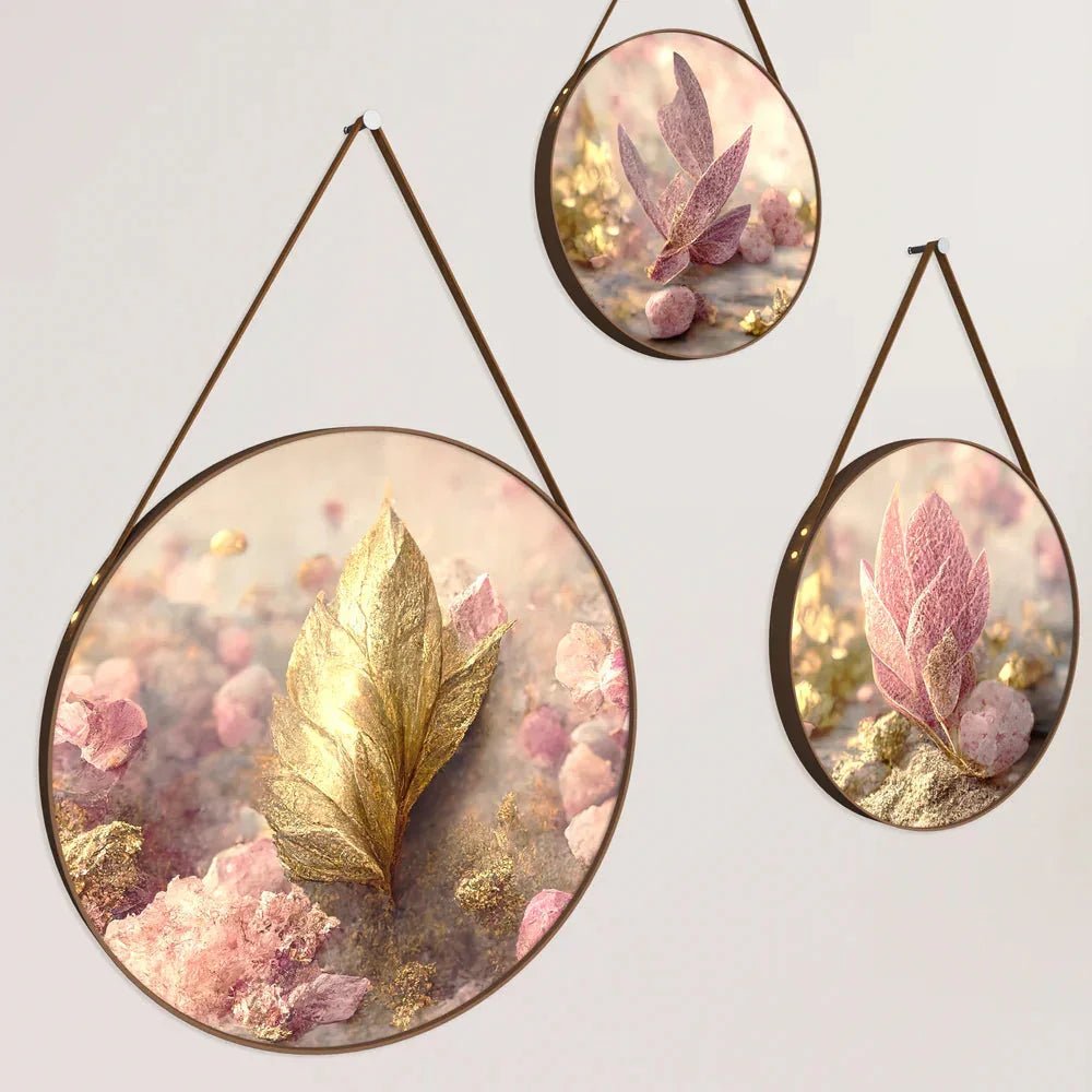 Blush Pink Leaves Round Framed Wall Art Set of 3 - All India Decor