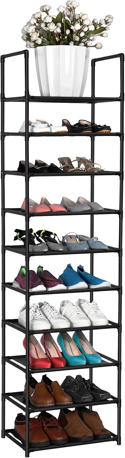 Black shoe rack with various shoes on multiple shelves, featuring a decorative plant at the top.