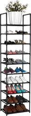 Black shoe rack with various shoes on multiple shelves, featuring a decorative plant at the top.