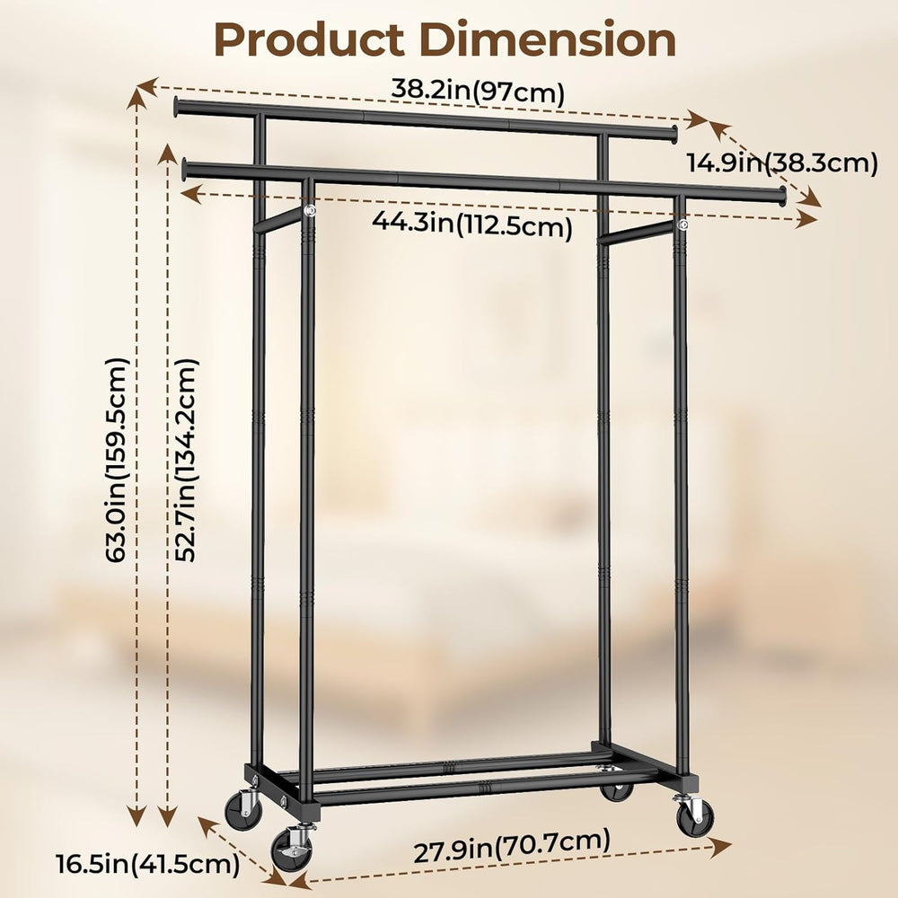 Clothing rack with dimensions labeled on a beige background