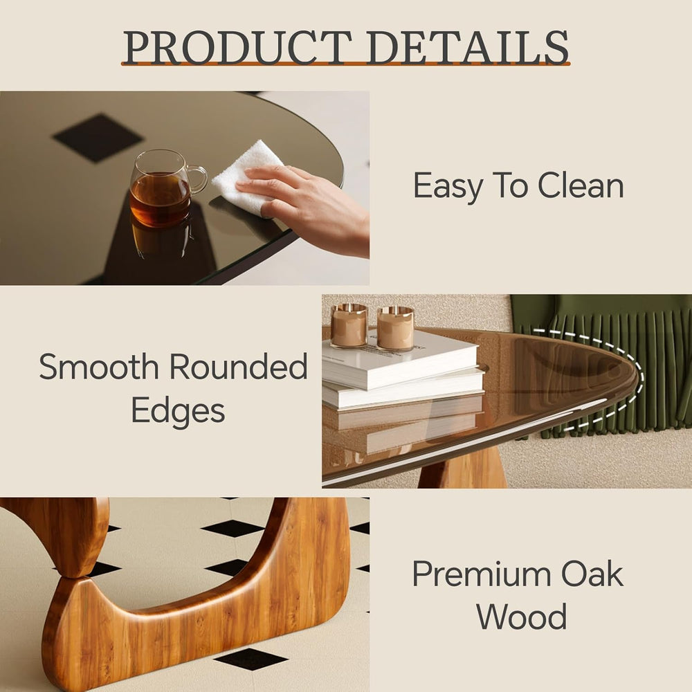 Wooden table with product details including ease of cleaning, smooth rounded edges, and premium oak wood.