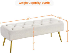 All India Decor Ottoman Bench Boucle Bench Upholstered Footrest for Living Room with Gold Metal Legs and Padded Seat Ivory