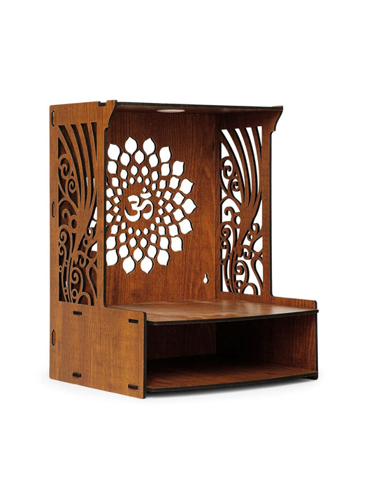 Aesthetic Wooden Temple for Home with Spacious Shelf & Inbuilt Focus Light