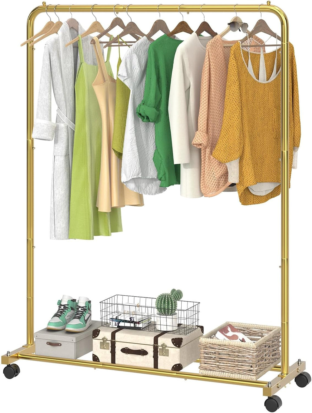 Gold clothing rack with clothes and shoes on a white background