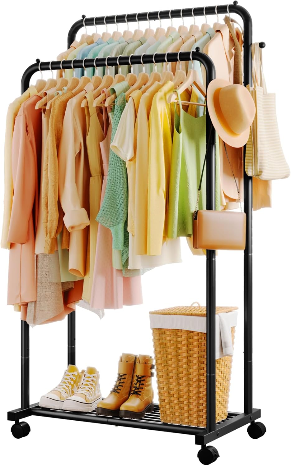 Clothing rack with clothes, shoes, and a basket on wheels