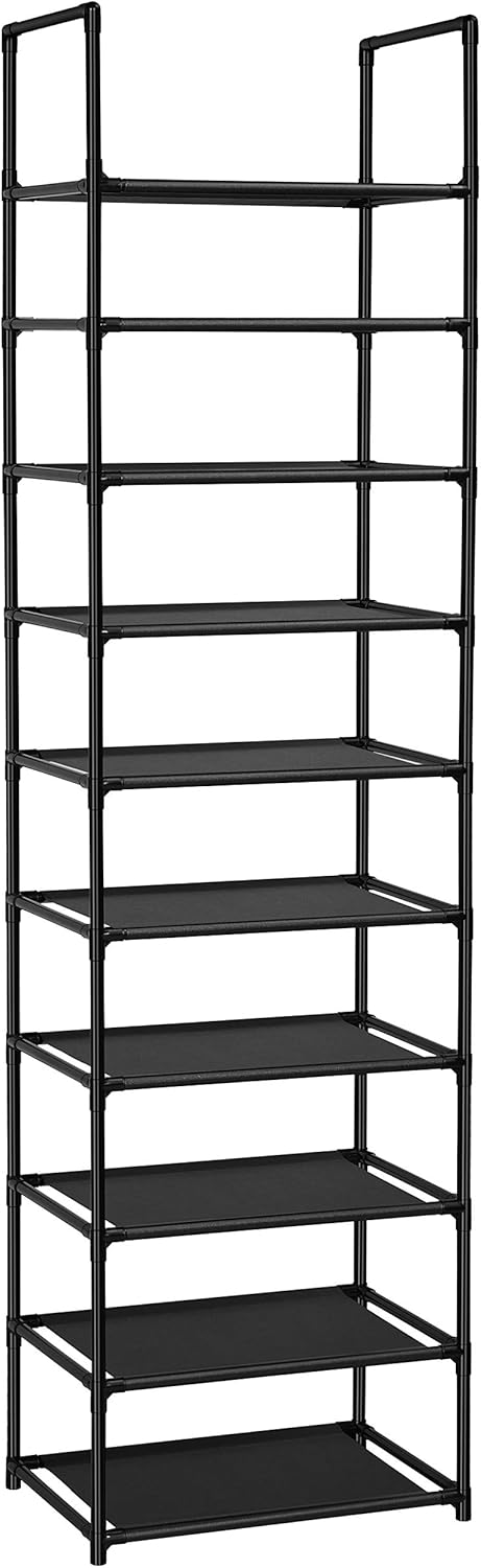 Black metal bookshelf with multiple shelves on a white background
