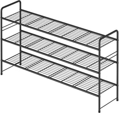 Black metal shoe rack with multiple shelves on a white background