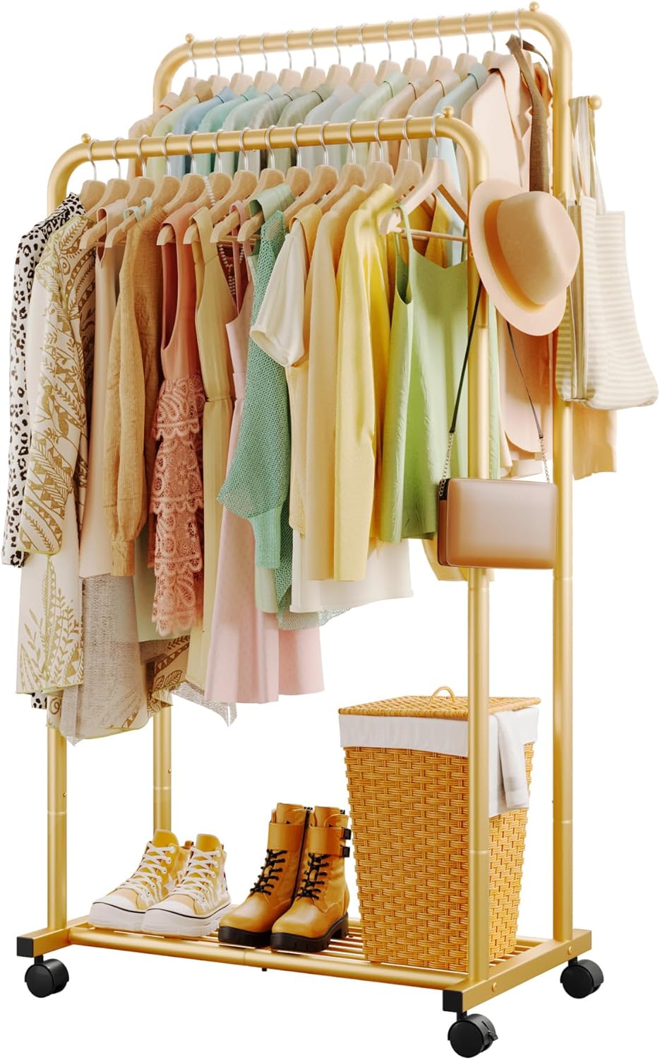 Clothing rack with clothes, shoes, and a basket on wheels