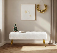 All India Decor Ottoman Bench Boucle Bench Upholstered Footrest for Living Room with Gold Metal Legs and Padded Seat Ivory