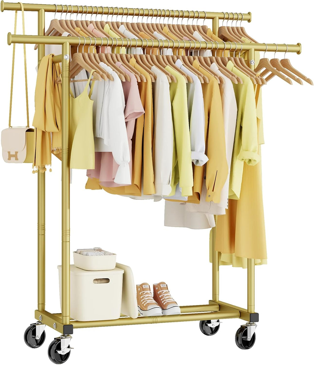 Gold clothing rack with clothes and shoes on a white background