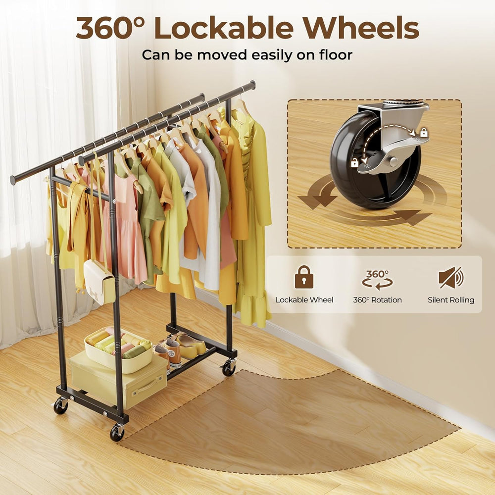 Clothing rack with 360-degree lockable wheels on a wooden floor.