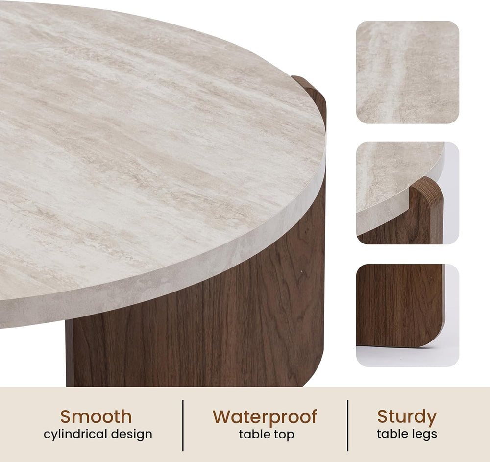 Round table with marble-like top and wooden legs, featuring text on material qualities.