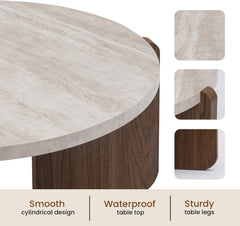 Round table with marble-like top and wooden legs, featuring text on material qualities.