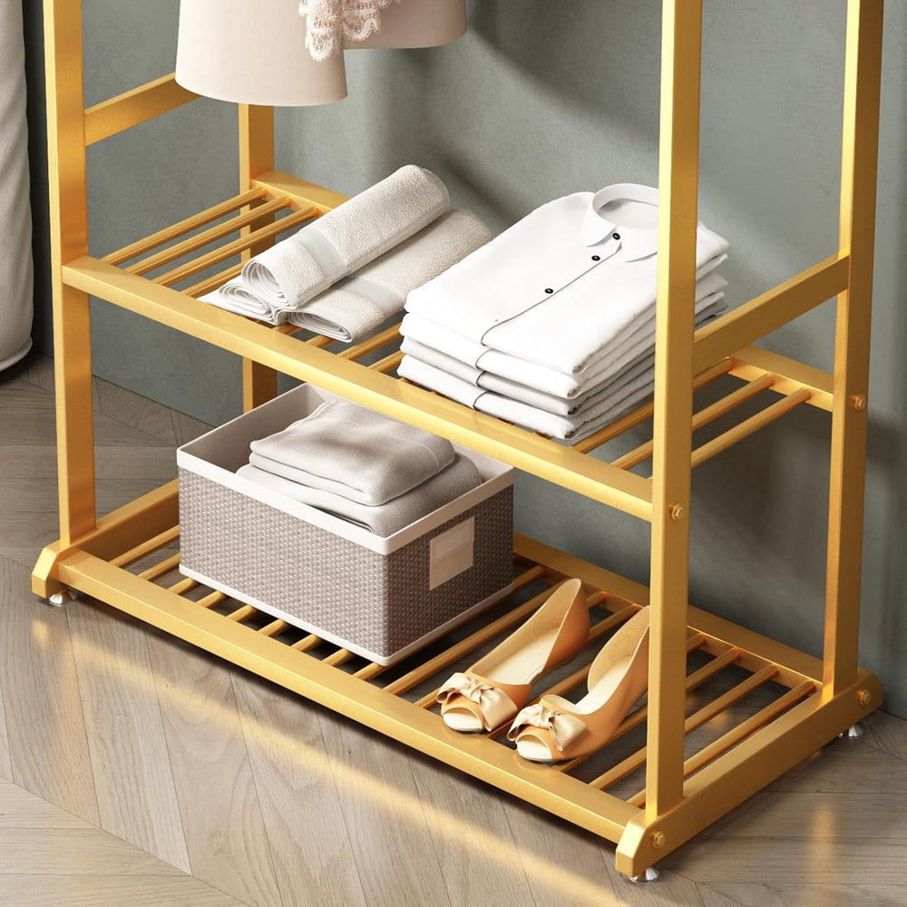 Wooden shelf with folded clothes and a basket on a wooden floor.