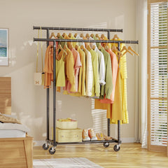 Clothing rack with colorful garments in a bedroom setting
