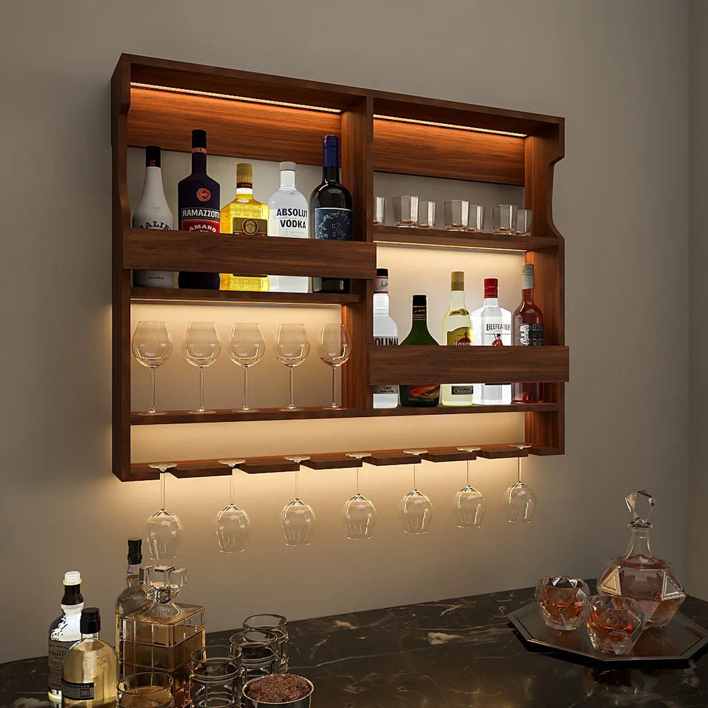 Luxurious Backlit Walnut - Finished Bar Shelf / Mini Bar Cabinet - All India Decor