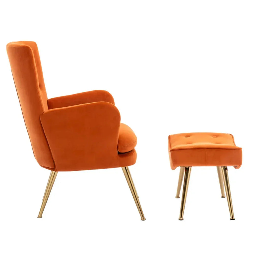 Tufted Long Back Orange Lounge Chair With Ottoman - All India Decor