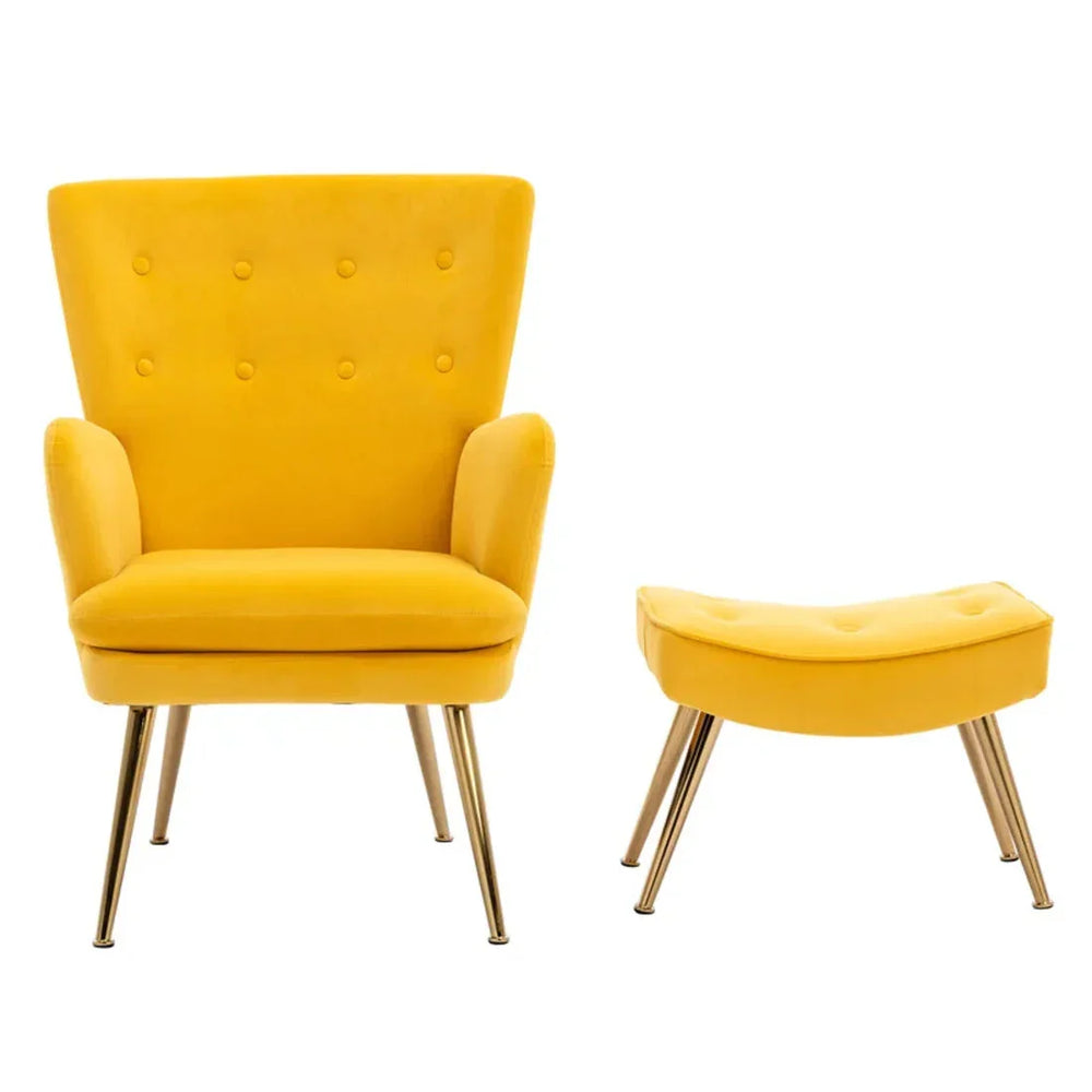 Tufted Long Back Yellow Lounge Chair With Ottoman - All India Decor