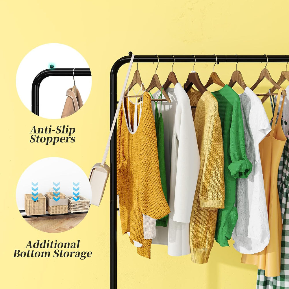 Clothing rack with hangers holding various garments on a yellow background