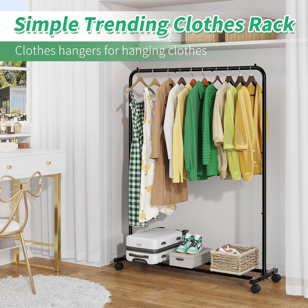 Clothes rack with hanging clothes in a room setting
