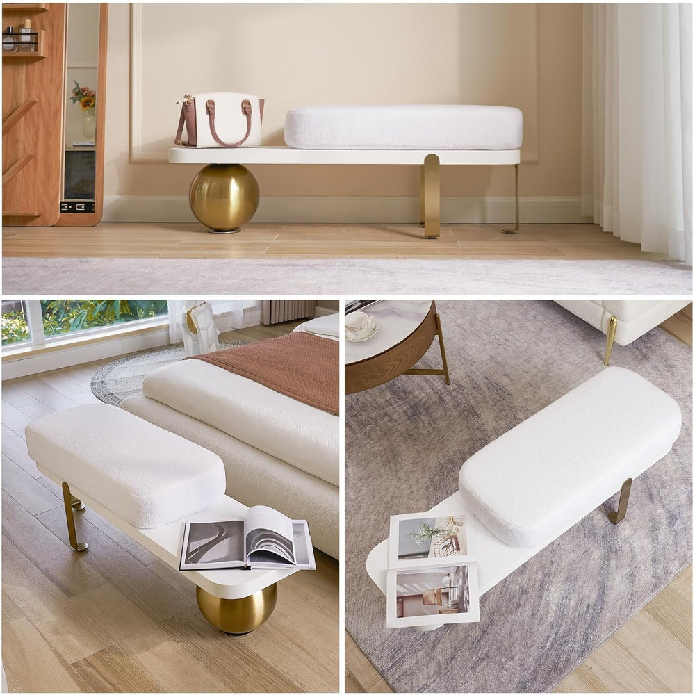 Collage of a modern white bench with gold legs in various settings.