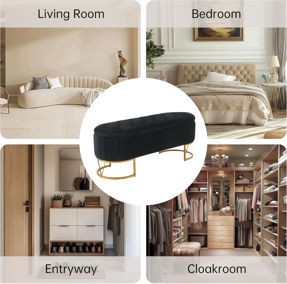 Black and gold bench displayed in various rooms including living room, bedroom, entryway, and cloakroom.