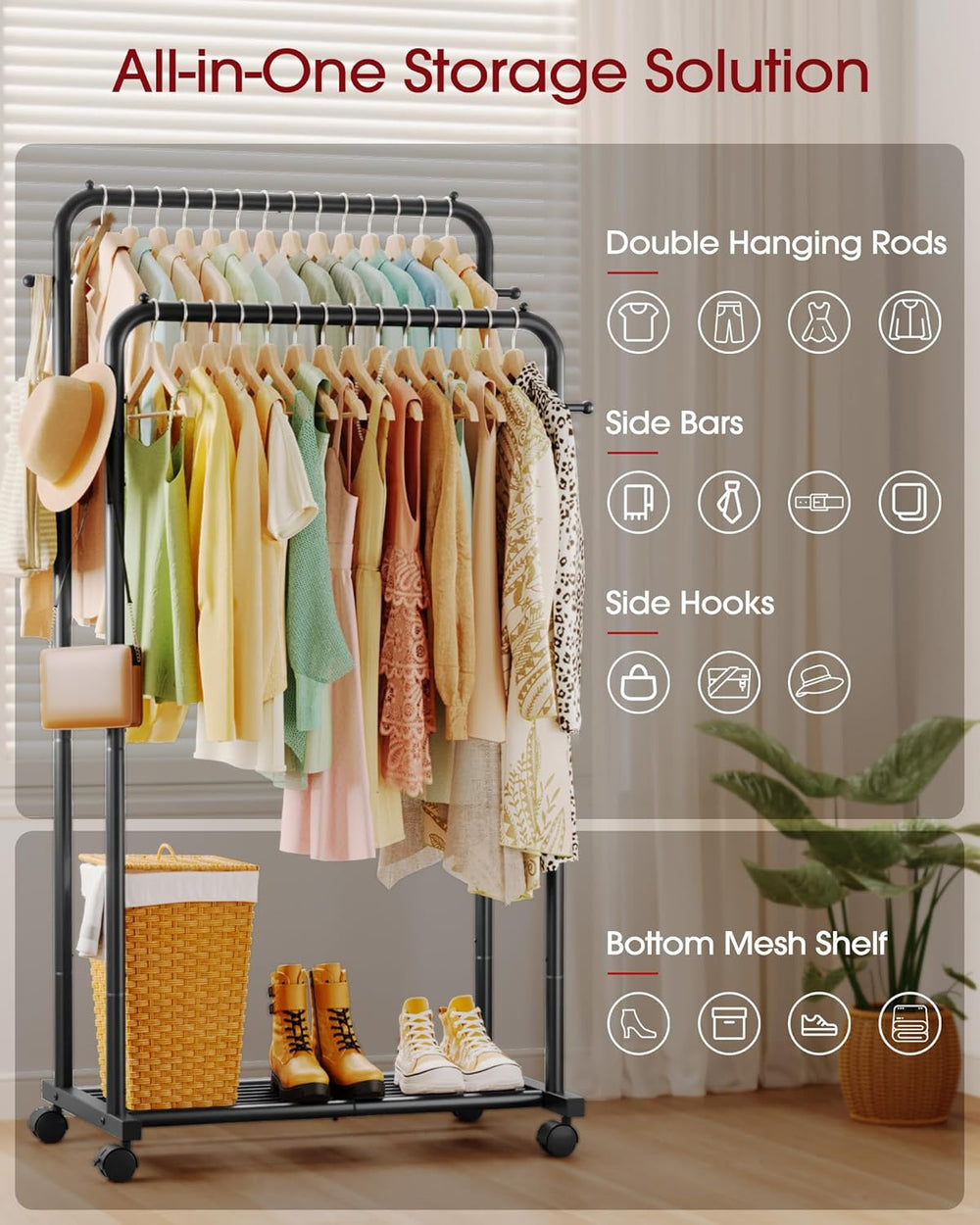 All-in-one storage solution with hanging rods, side bars, hooks, and mesh shelf.