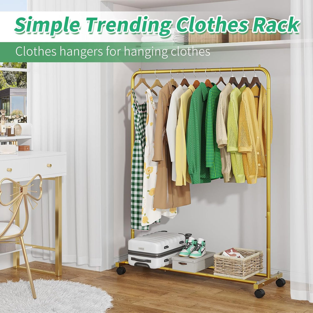 Clothes rack with hanging clothes in a room setting