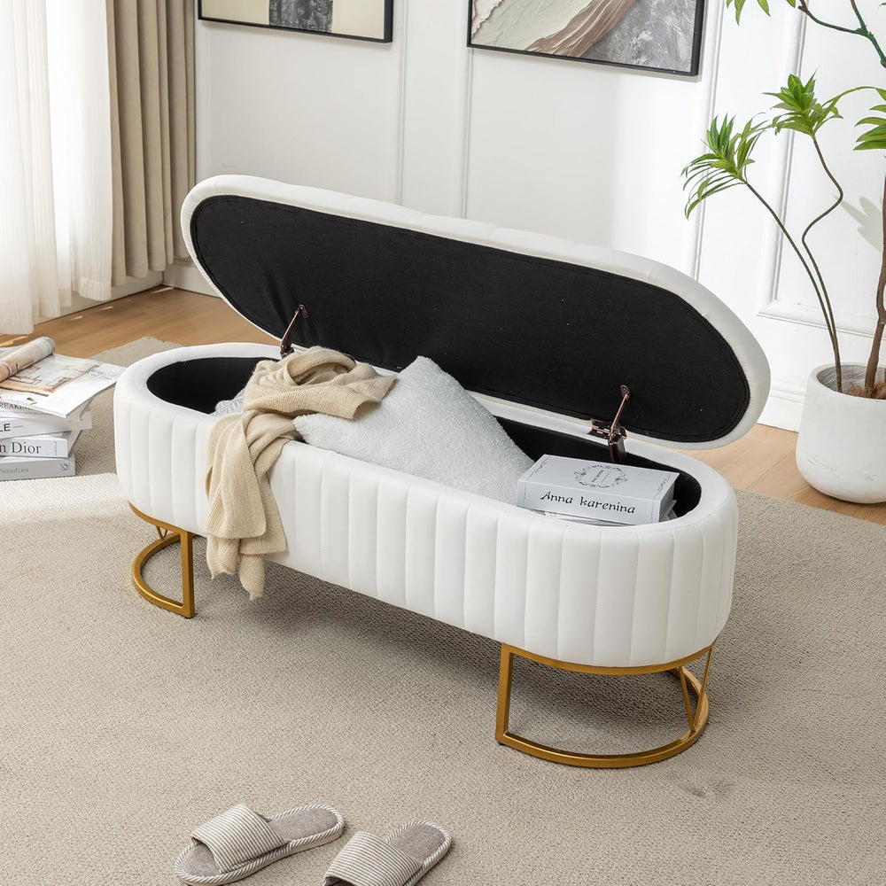 White storage bench with black cushion in a living room setting