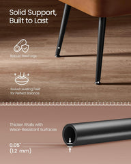 Chair legs with text highlighting features on a wooden floor.