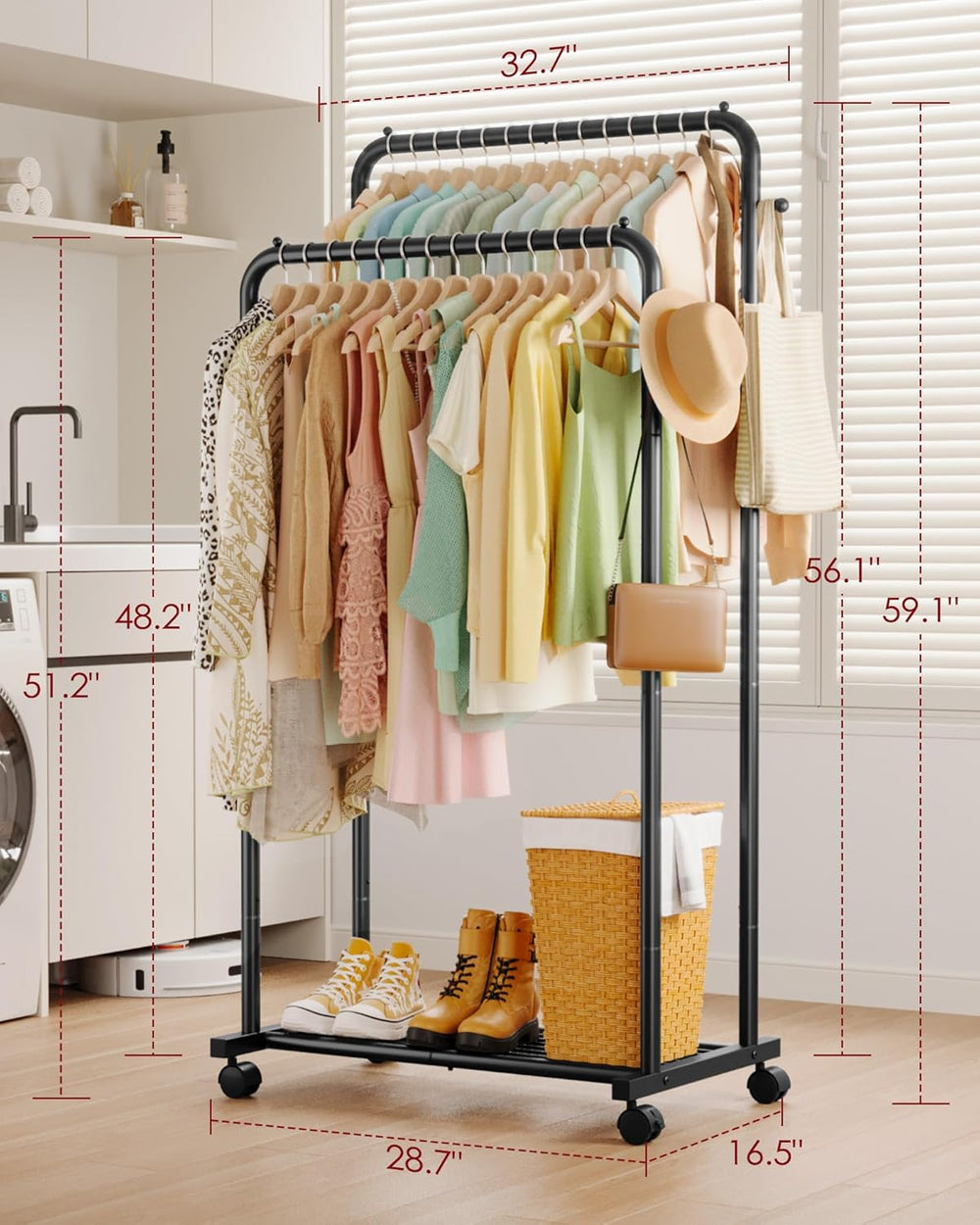 Clothing rack with clothes, shoes, and a basket in a room setting with measurements.