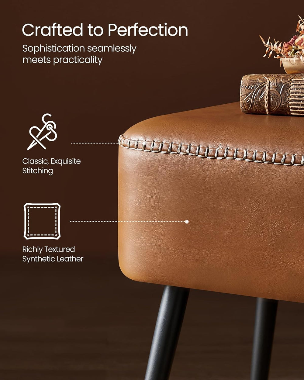 Brown leather ottoman with black legs on a brown background, featuring text and icons about product features.