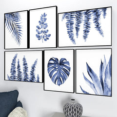 Ink Blue Tropical Ferns Wall Frame Set of 6 - All India Decor